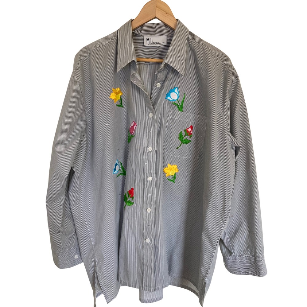 Mili Designs Pinstripe Floral Embroidered Rhinestone Button Front Shirt 1X